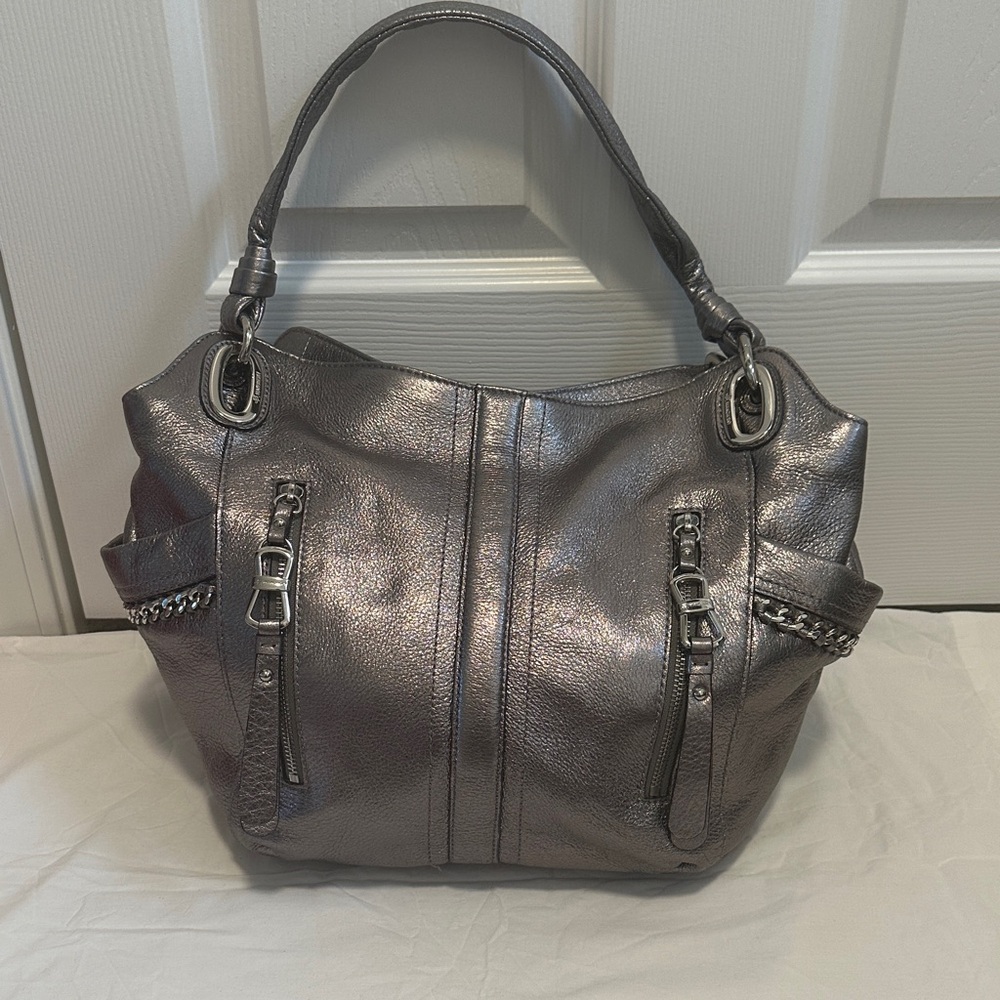 B. Makowsky Silver Metallic Leather Slouchy Handbag Purse Y2K Vintage